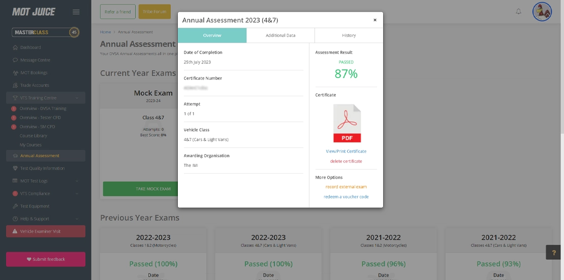 viewing an exam record with certificate number, completion date and copy of certificate