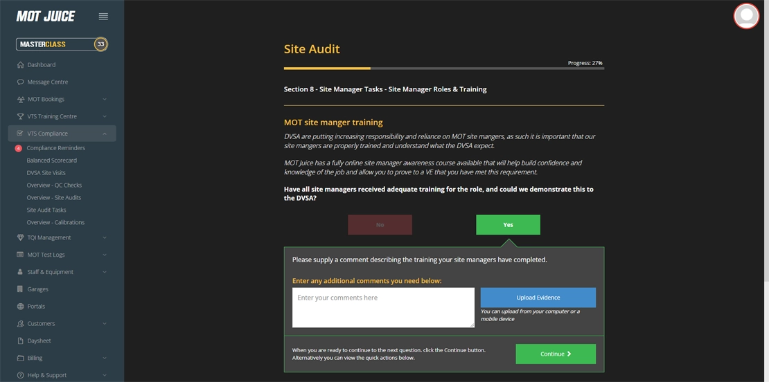 completing a monthly site audit with the mot juice system