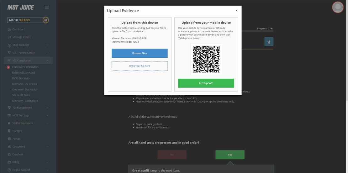 uploading evidence during a site audit using mot juice