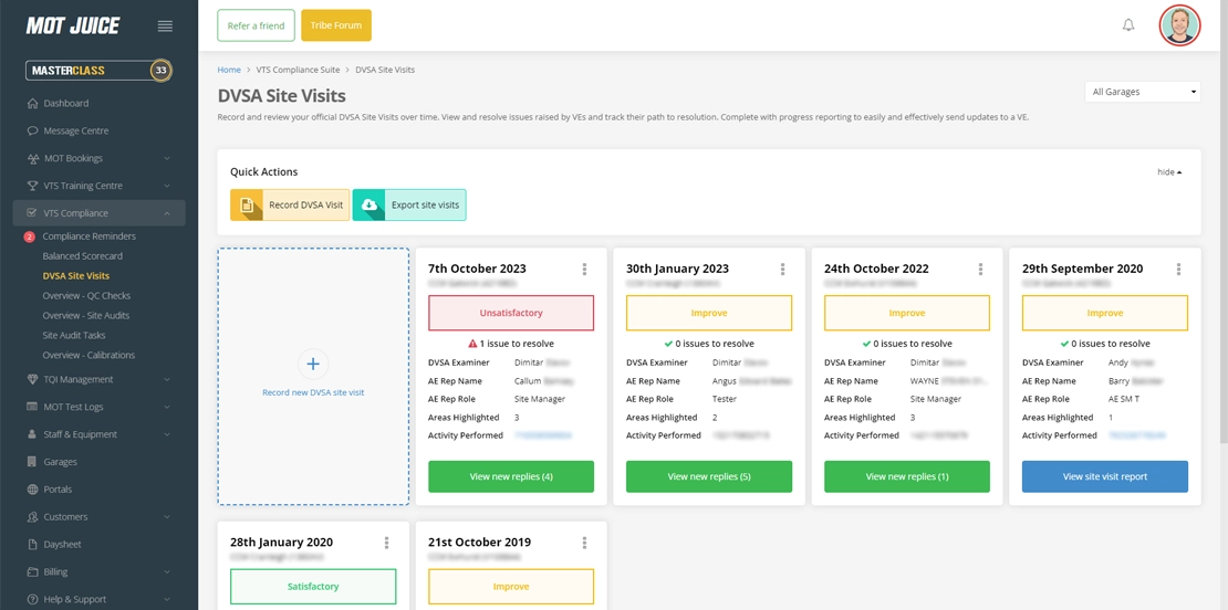 track all your historical dvsa site visits from your mot juice dashboard