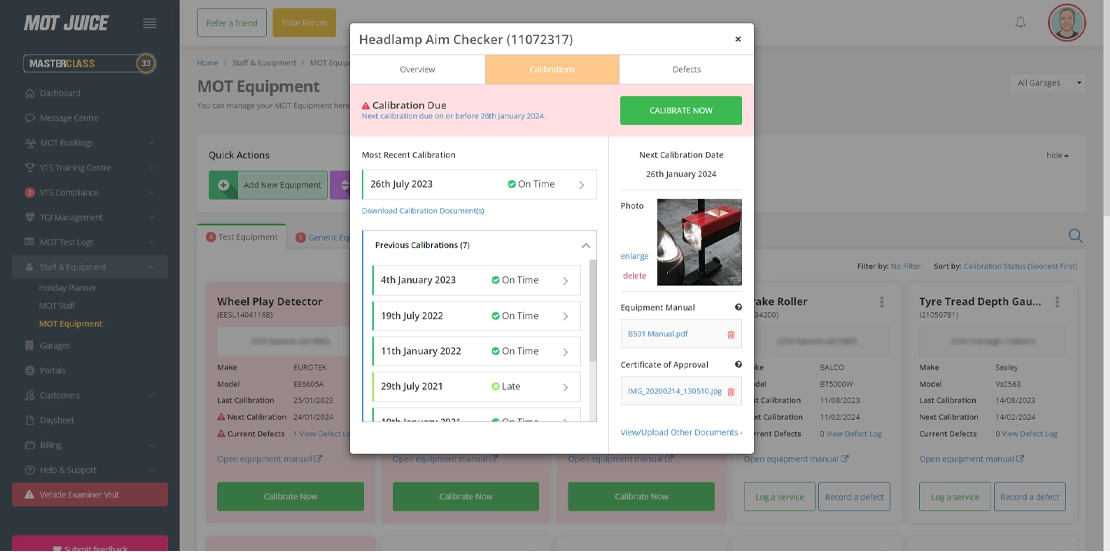 view the calibration history for each piece of mot equipment