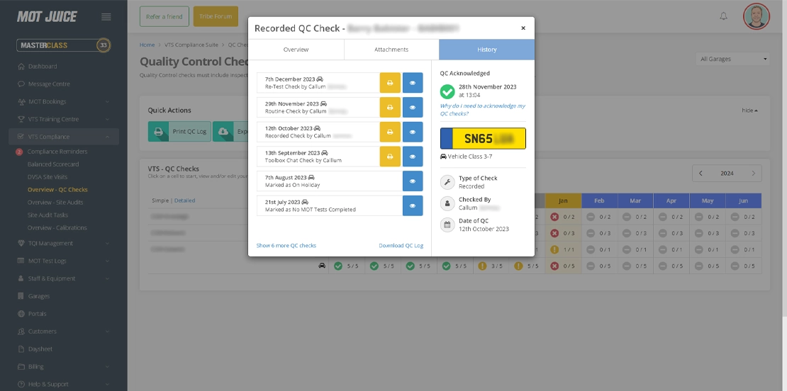 viewing a tester quality control check history in mot juice