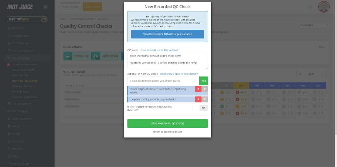 add notes and actions to be rectified for the next qc check