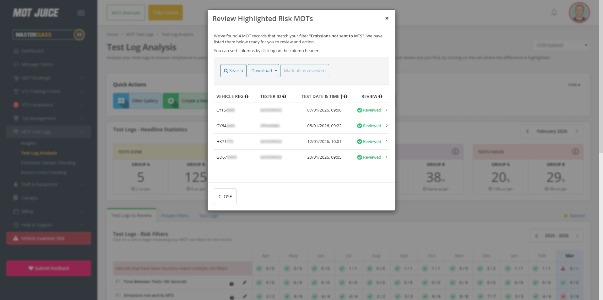 an overview of all highlighted mots recorded for each test log filter