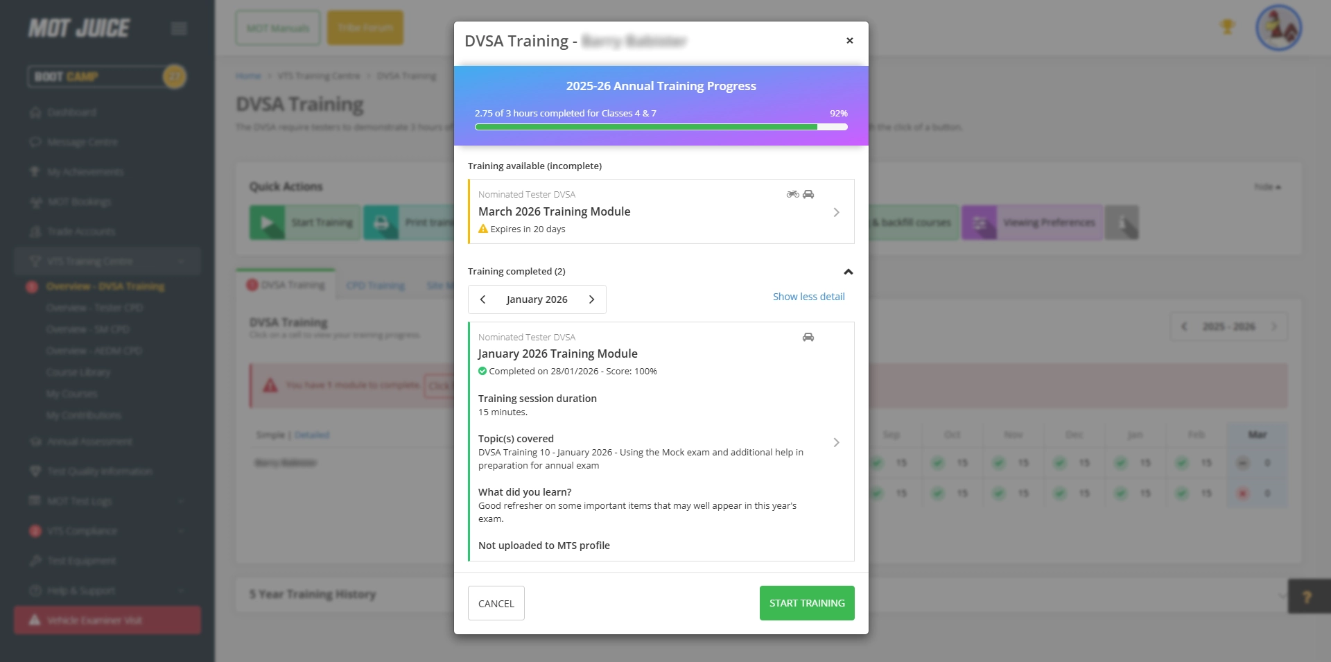 a detailed list of completed training modules showing session duration, topics covered and learner notes