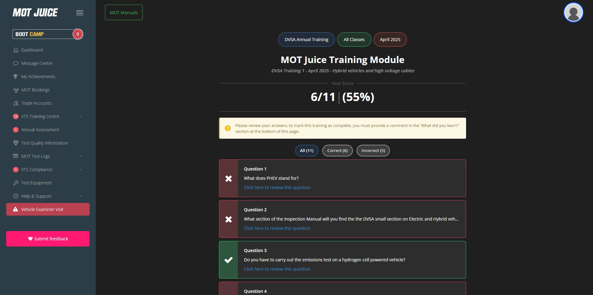 reviewing your training module in MOT Juice after completing it