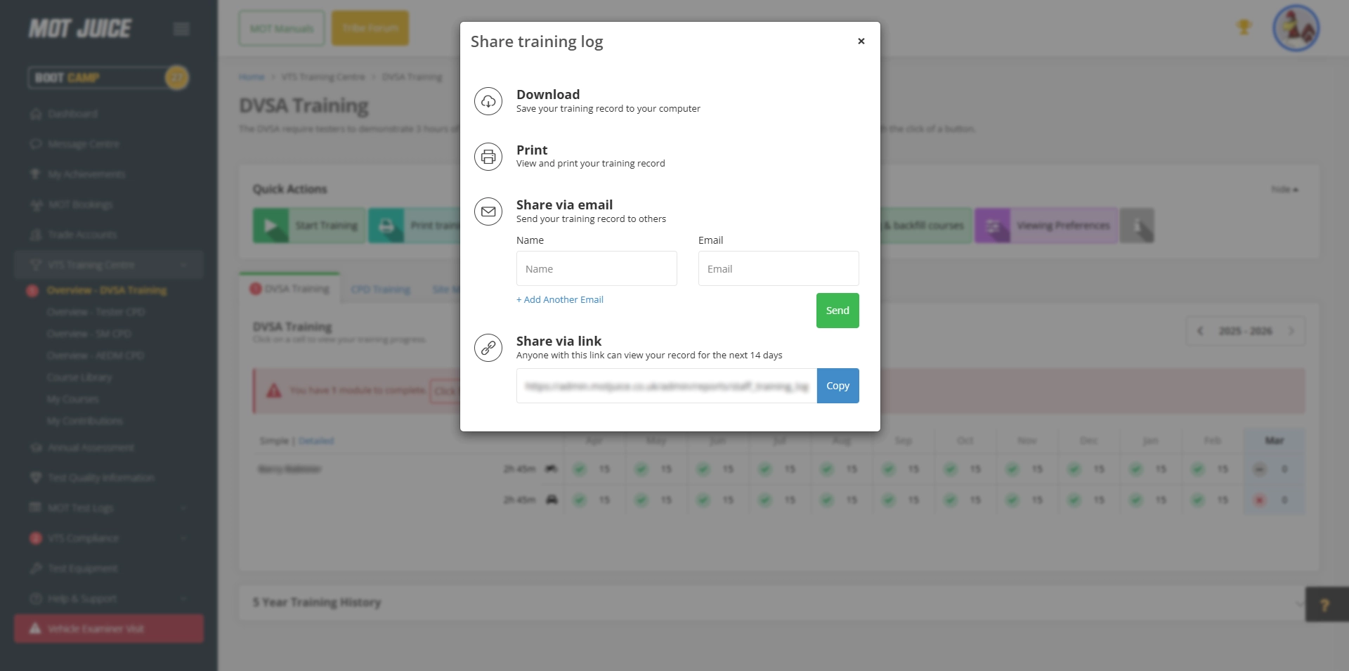 share your MOT Juice training log, either download, print, share by email, or share a link