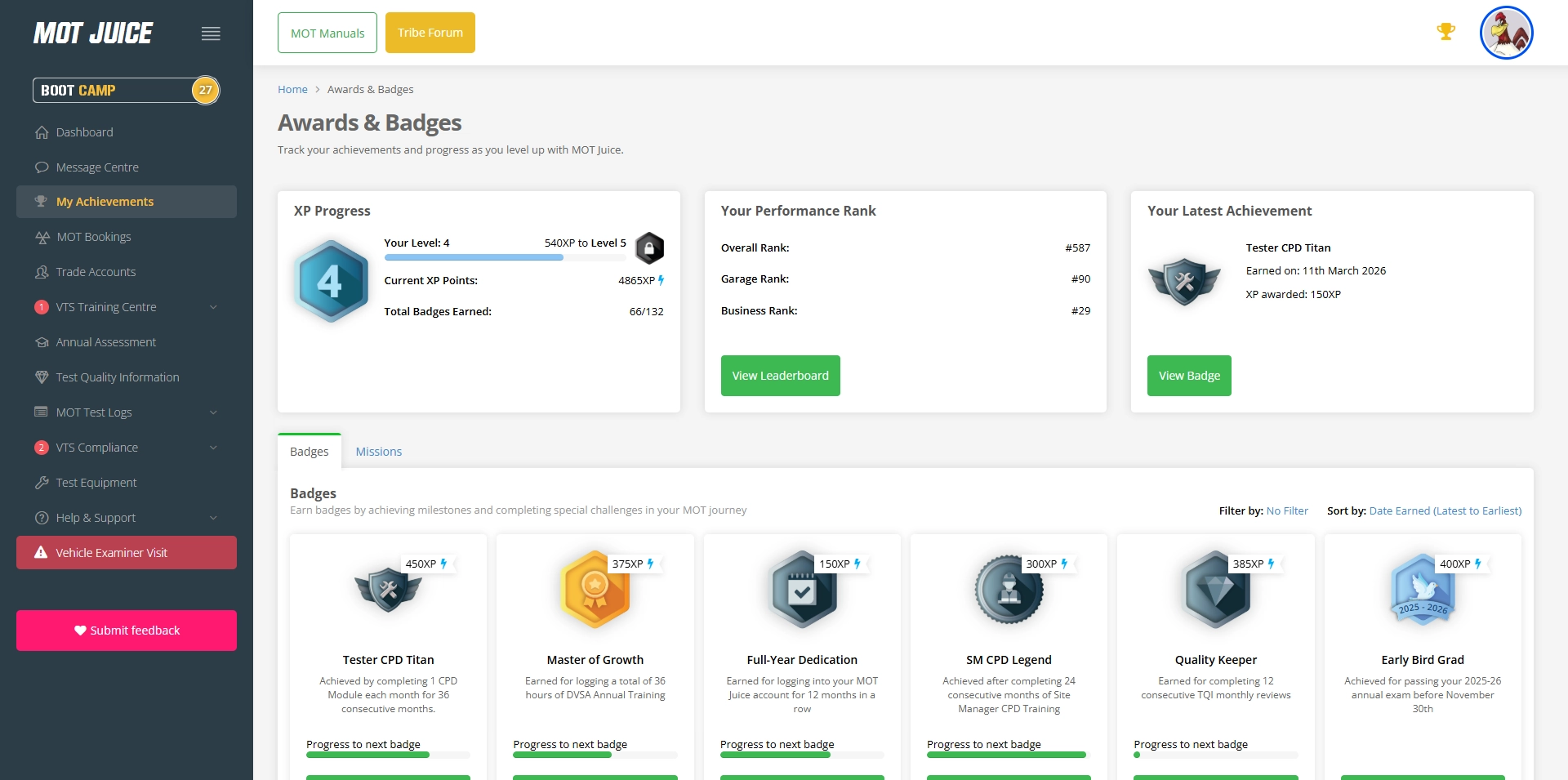 earn XP, badges, and achievements by completing MOT Juice training